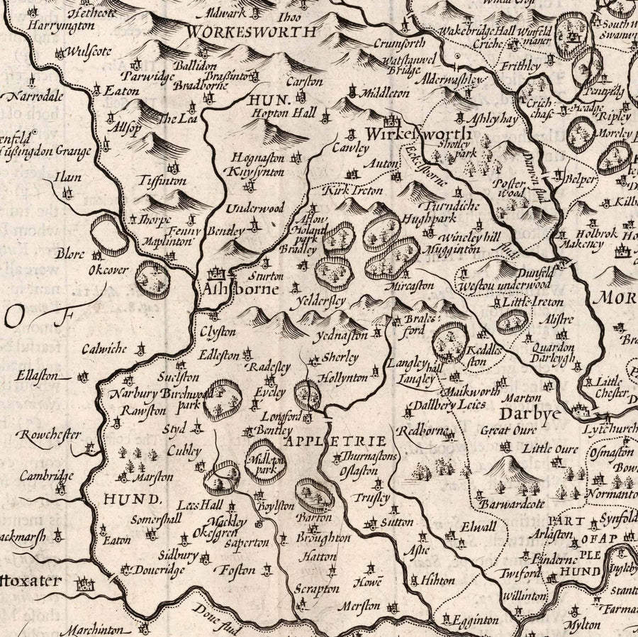 Old monochrome Carte of Derbyshire, 1611 par John Speed ​​- Derby, Chesterfield, Buxton, Peak District