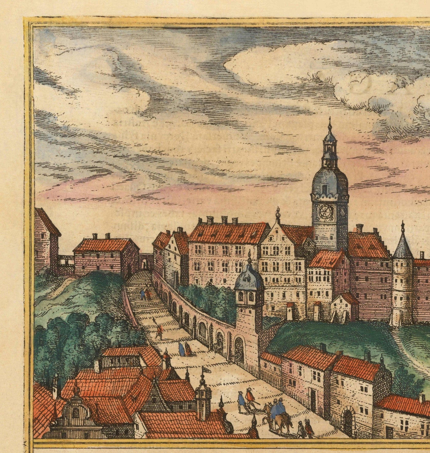Mapa antiguo de Praga, Chequia, por Georg Braun, 1572 - Bohemia, Castillo, Moldava, Iglesia de Týn Teyn, Ciudad Vieja, Mala Strana