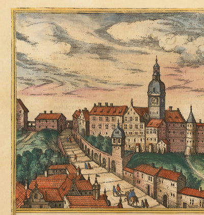 Mapa antiguo de Praga, Chequia, por Georg Braun, 1572 - Bohemia, Castillo, Moldava, Iglesia de Týn Teyn, Ciudad Vieja, Mala Strana