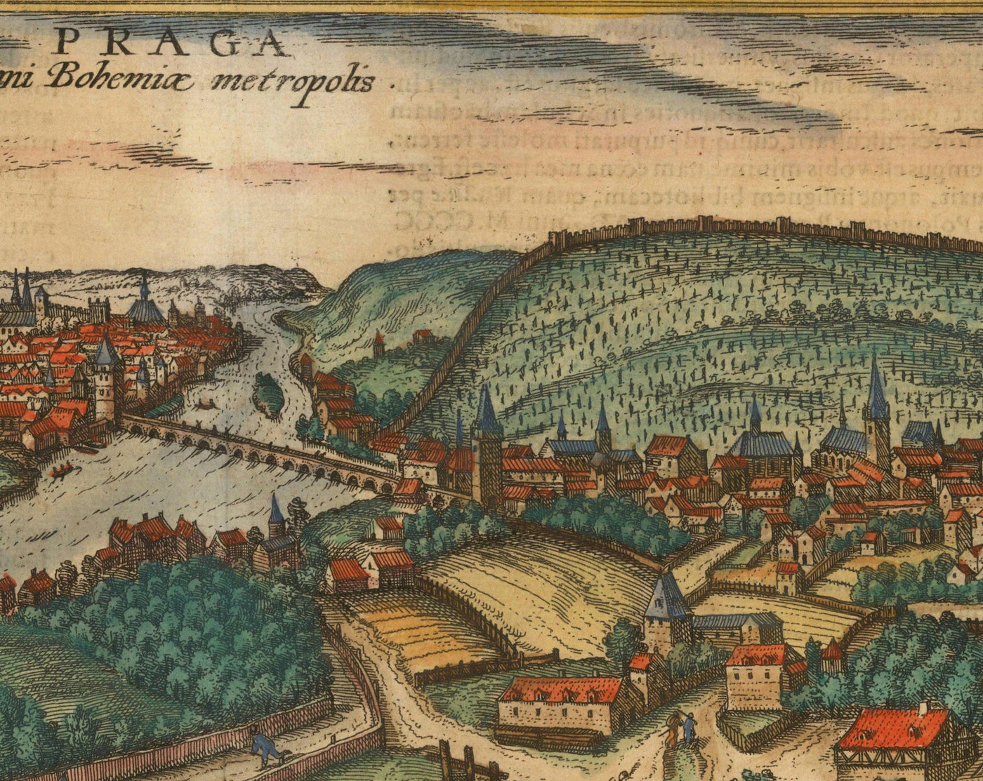 Mapa antiguo de Praga, Chequia, por Georg Braun, 1572 - Bohemia, Castillo, Moldava, Iglesia de Týn Teyn, Ciudad Vieja, Mala Strana