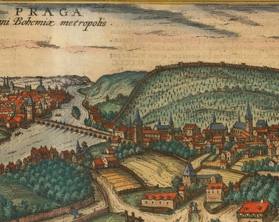 Mapa antiguo de Praga, Chequia, por Georg Braun, 1572 - Bohemia, Castillo, Moldava, Iglesia de Týn Teyn, Ciudad Vieja, Mala Strana