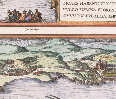 Old Map of Lisbon, Portugal by Georg Braun in 1572 - Castle, Cathedral, City Walls, Downtown, Old Streets