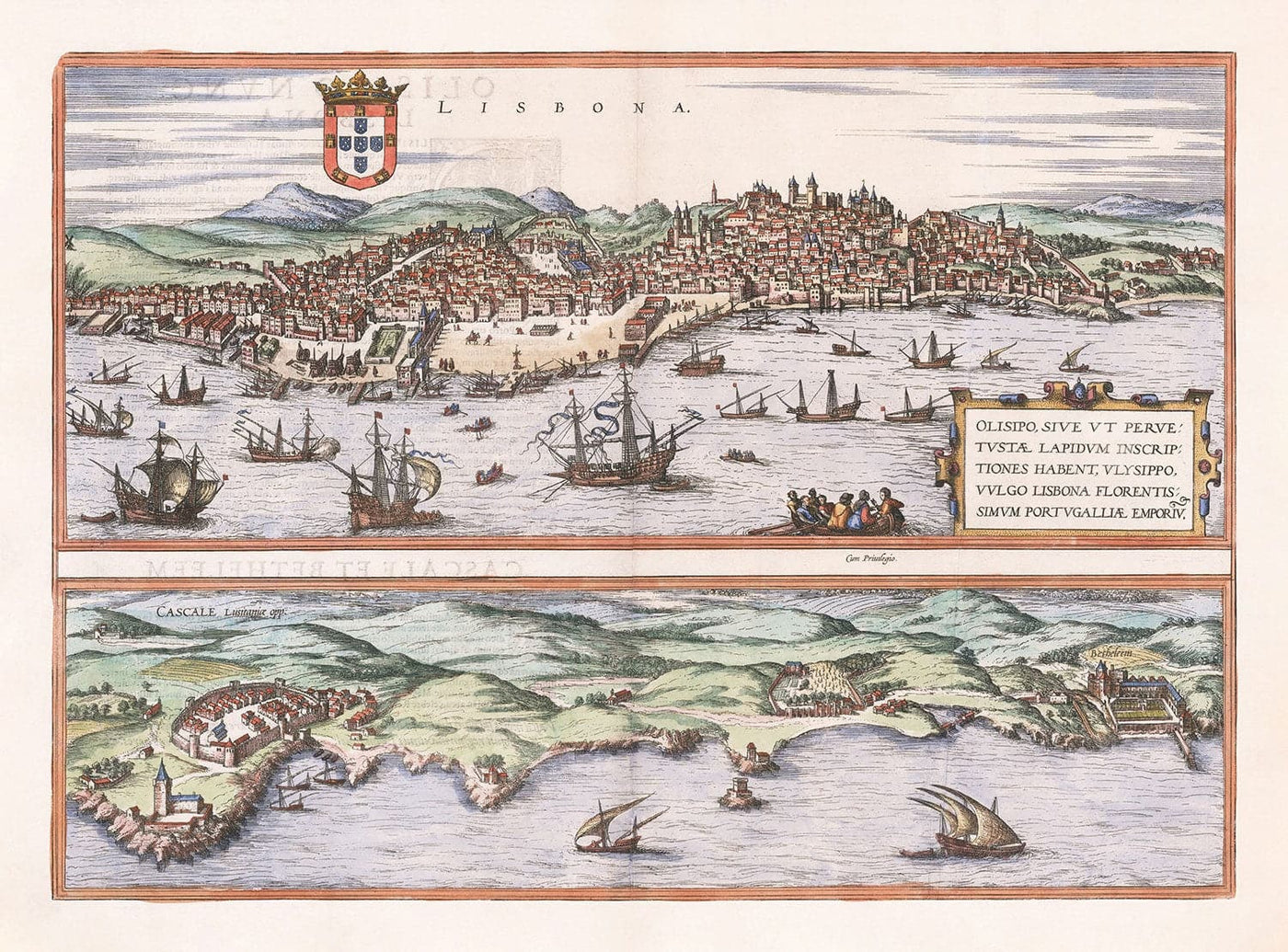 Old Map of Lisbon, Portugal by Georg Braun in 1572 - Castle, Cathedral, City Walls, Downtown, Old Streets