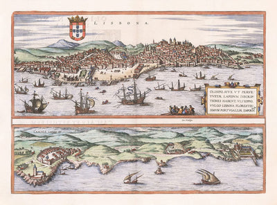 Old Map of Lisbon, Portugal by Georg Braun in 1572 - Castle, Cathedral, City Walls, Downtown, Old Streets