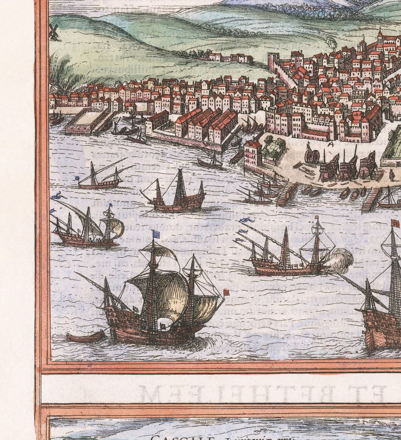 Old Map of Lisbon, Portugal by Georg Braun in 1572 - Castle, Cathedral, City Walls, Downtown, Old Streets