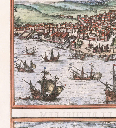 Old Map of Lisbon, Portugal by Georg Braun in 1572 - Castle, Cathedral, City Walls, Downtown, Old Streets