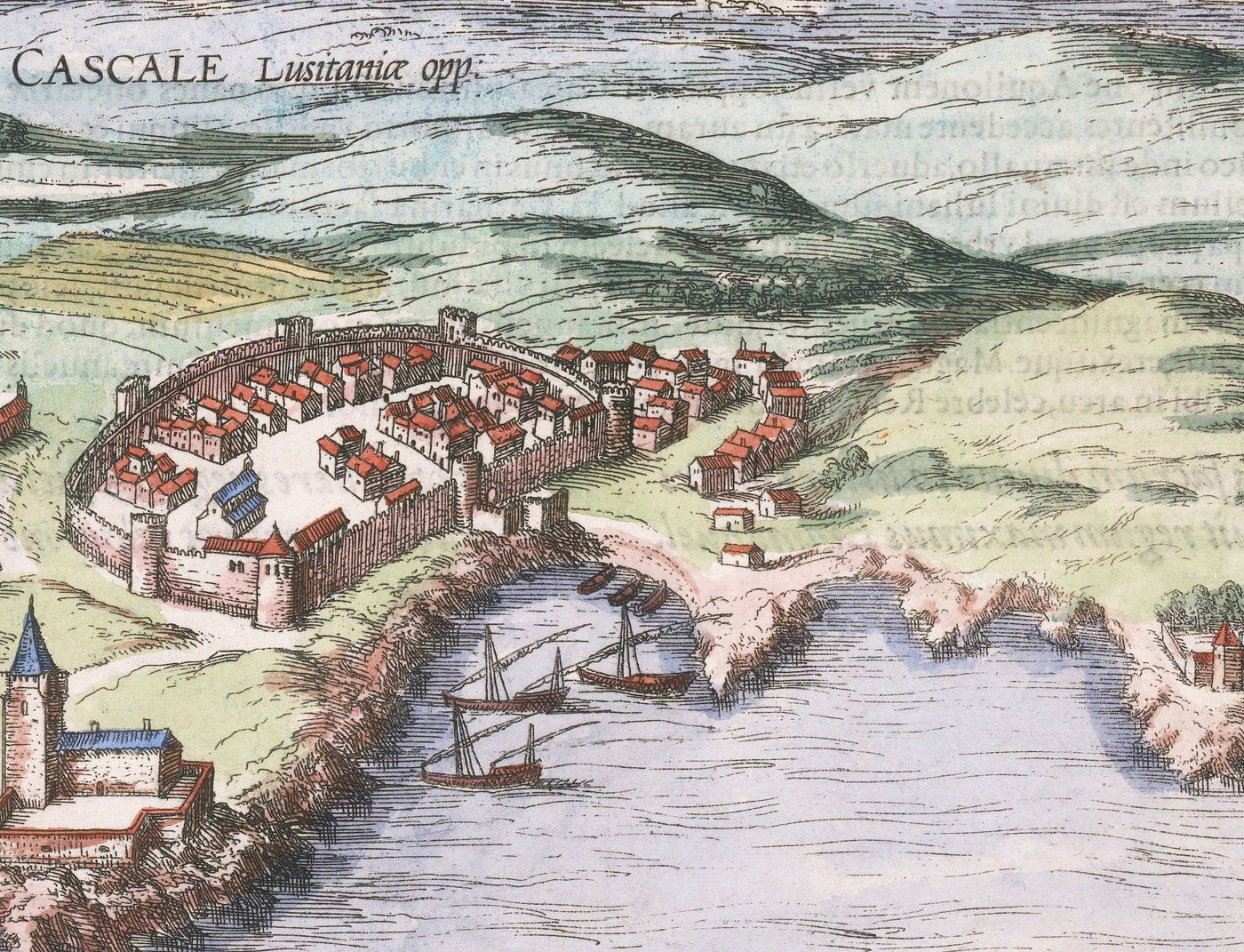 Old Map of Lisbon, Portugal by Georg Braun in 1572 - Castle, Cathedral, City Walls, Downtown, Old Streets