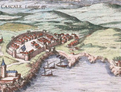 Old Map of Lisbon, Portugal by Georg Braun in 1572 - Castle, Cathedral, City Walls, Downtown, Old Streets