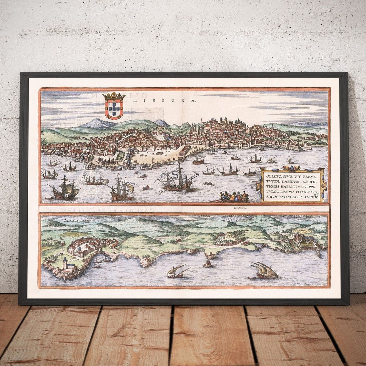 Old Map of Lisbon, Portugal by Georg Braun in 1572 - Castle, Cathedral, City Walls, Downtown, Old Streets