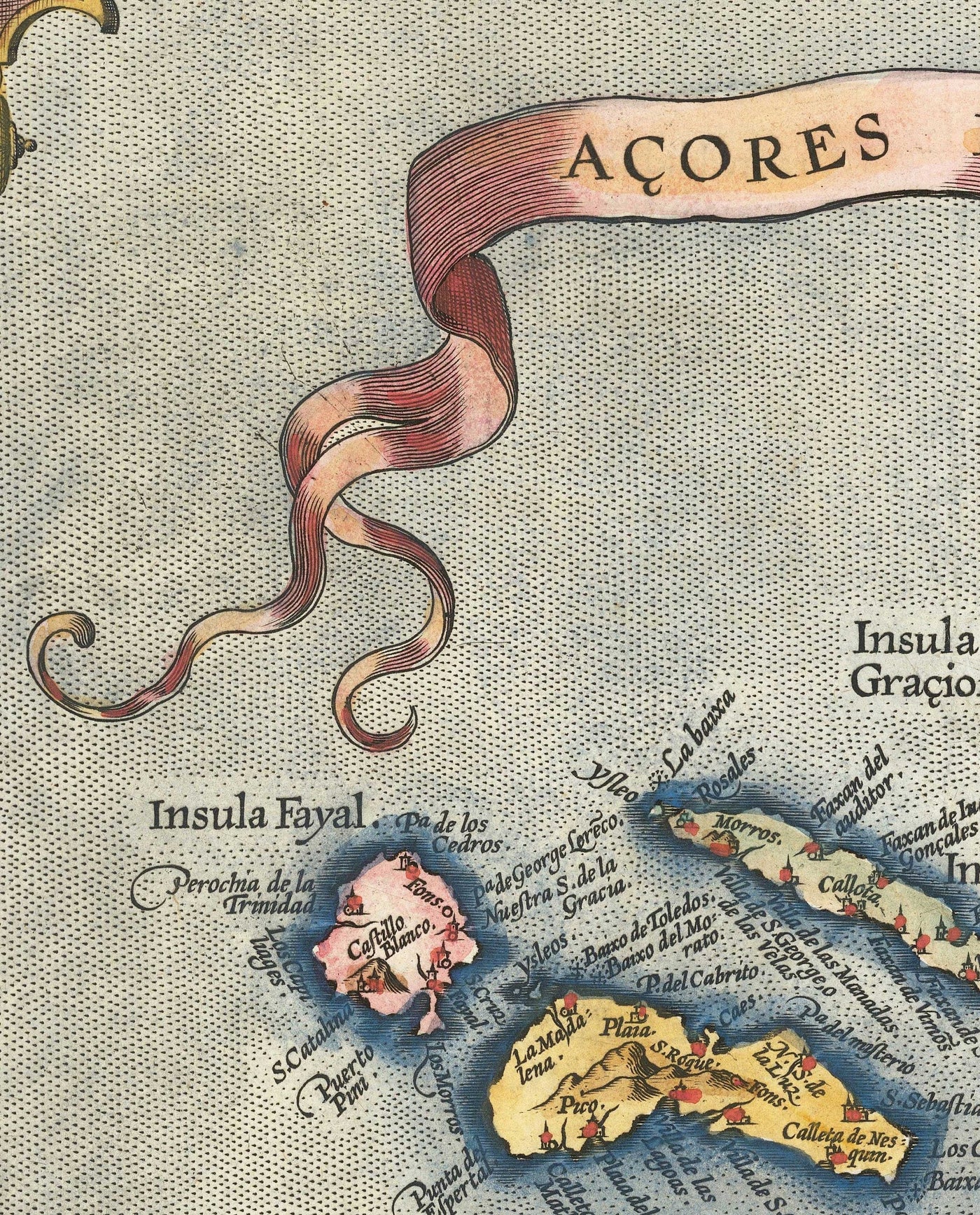 Alte Karte der Azoren von Abraham Ortelius, 1573 - São Miguel, Pico, Terceira, São Jorge, Faial, Portugal, Atlantik 