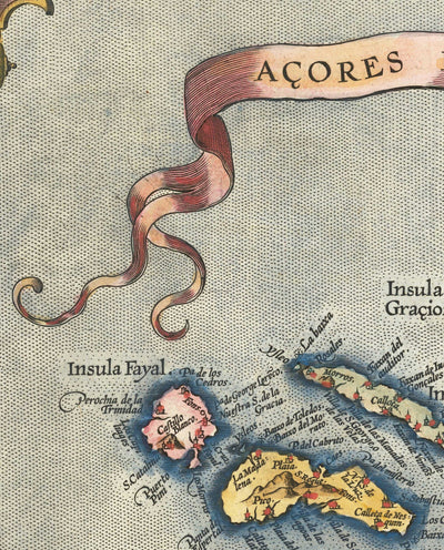 Alte Karte der Azoren von Abraham Ortelius, 1573 - São Miguel, Pico, Terceira, São Jorge, Faial, Portugal, Atlantik 