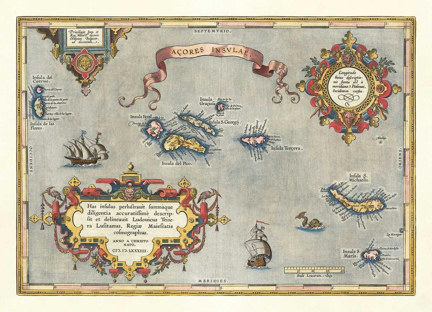 Alte Karte der Azoren von Abraham Ortelius, 1573 - São Miguel, Pico, Terceira, São Jorge, Faial, Portugal, Atlantik 