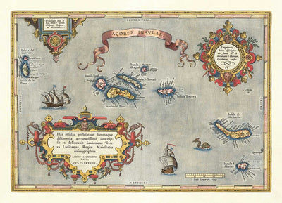 Alte Karte der Azoren von Abraham Ortelius, 1573 - São Miguel, Pico, Terceira, São Jorge, Faial, Portugal, Atlantik 