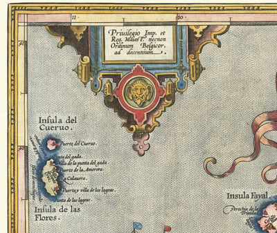Alte Karte der Azoren von Abraham Ortelius, 1573 - São Miguel, Pico, Terceira, São Jorge, Faial, Portugal, Atlantik 