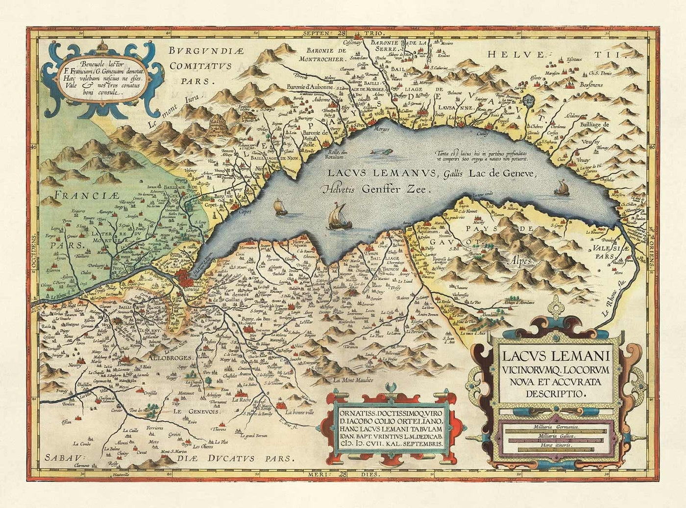 Old Map of Lake Geneva by Abraham Ortelius, 1573 - Lausanne, Montreux, Thonon-les-Bains, Evian, Nyon, Morges