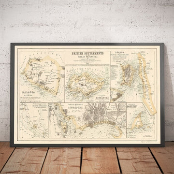 Ancienne carte coloniale de la péninsule de Malaisie, 1860 par Fullarton - Singapour, Penang, Malacca, Naning - Colonies britanniques