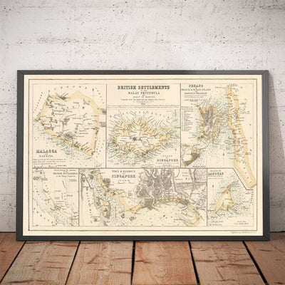 Antiguo mapa colonial de la península de Malasia, 1860 por Fullarton - Singapur, Penang, Malaca, Naning - Asentamientos británicos