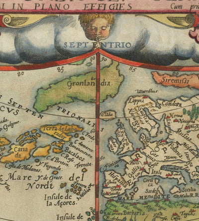 Very Old World Map, 1571 by Gerard De Jode - Cordiform Projection, Cherubs, Antarctica, Atlas, Early Colonialism