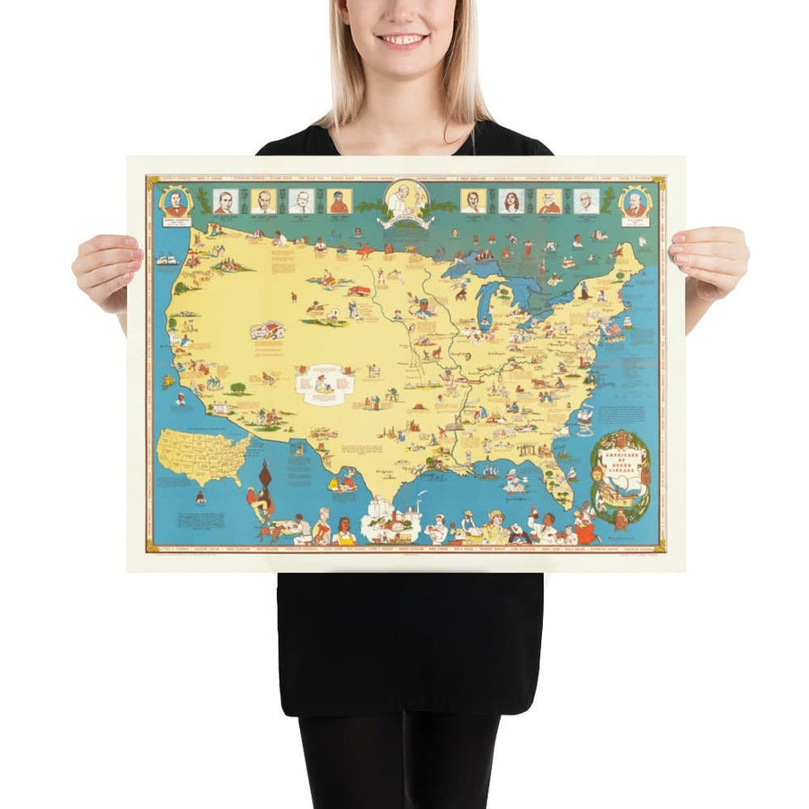 Mappa antica dei neri, Linea nera negli USA, 1946 - Famosi afroamericani - George Washington Carver, Booker T, Harriet Tubman 