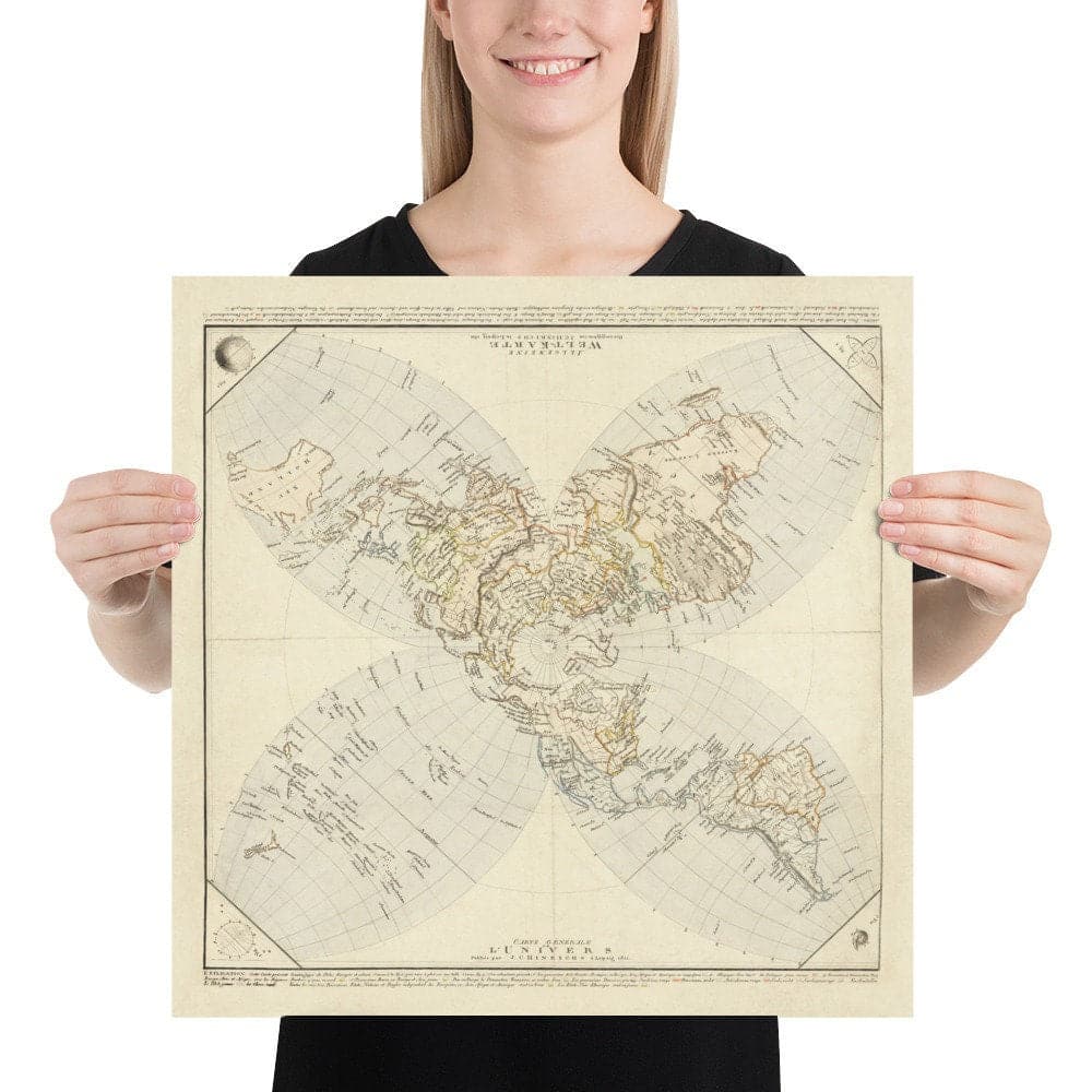 Old Flat Earth Map, 1811 by JC Hinrichs - German, French World Map - Interesting Colonial Atlas Chart