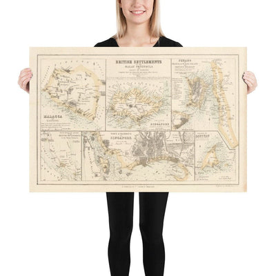 Antiguo mapa colonial de la península de Malasia, 1860 por Fullarton - Singapur, Penang, Malaca, Naning - Asentamientos británicos