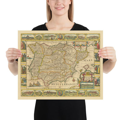 Old Map of Spain & Portugal, 1659 by Jan Jansson - Madrid, Lisbon, Barcelona, Catalonia, Valencia, Iberia, Mediterranean Sea