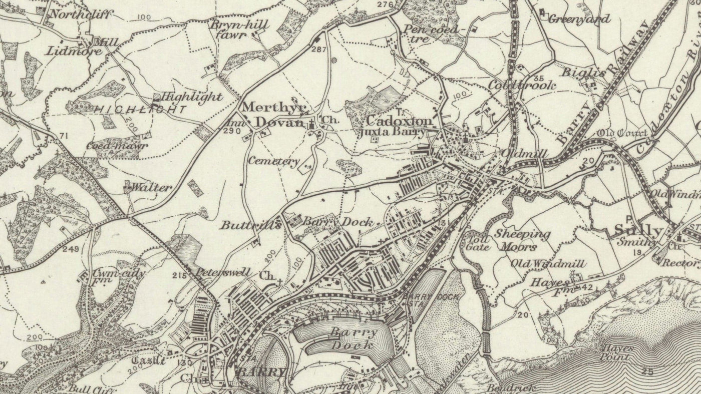 Antiguo mapa de Cardiff, Gales en 1867 - Caerdydd, Penarth, Sully, Barry, Llandaff, Castillo, Suburbios, Desembocadura del Severn