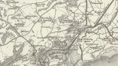 Antiguo mapa de Cardiff, Gales en 1867 - Caerdydd, Penarth, Sully, Barry, Llandaff, Castillo, Suburbios, Desembocadura del Severn
