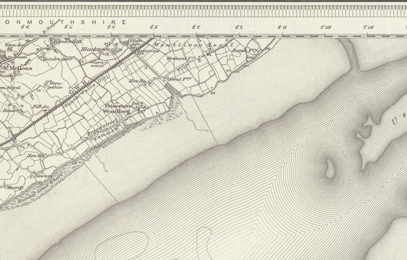 Antiguo mapa de Cardiff, Gales en 1867 - Caerdydd, Penarth, Sully, Barry, Llandaff, Castillo, Suburbios, Desembocadura del Severn