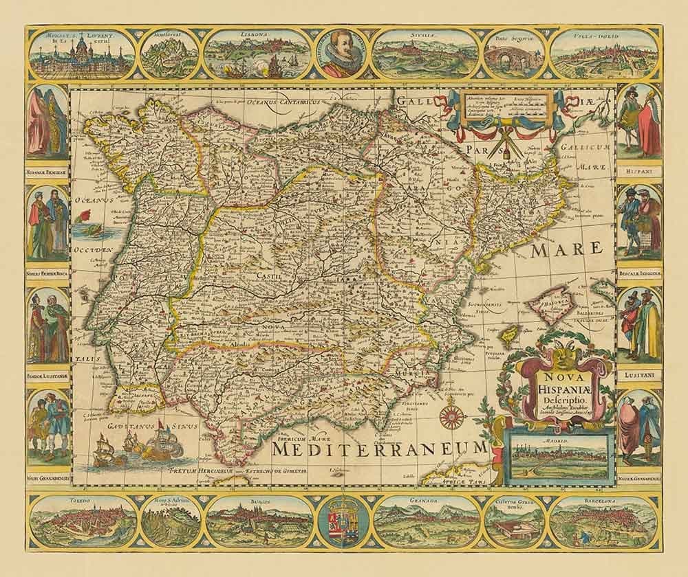 Old Map of Spain & Portugal, 1659 by Jan Jansson - Madrid, Lisbon, Barcelona, Catalonia, Valencia, Iberia, Mediterranean Sea