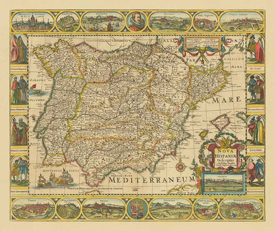 Old Map of Spain & Portugal, 1659 by Jan Jansson - Madrid, Lisbon, Barcelona, Catalonia, Valencia, Iberia, Mediterranean Sea