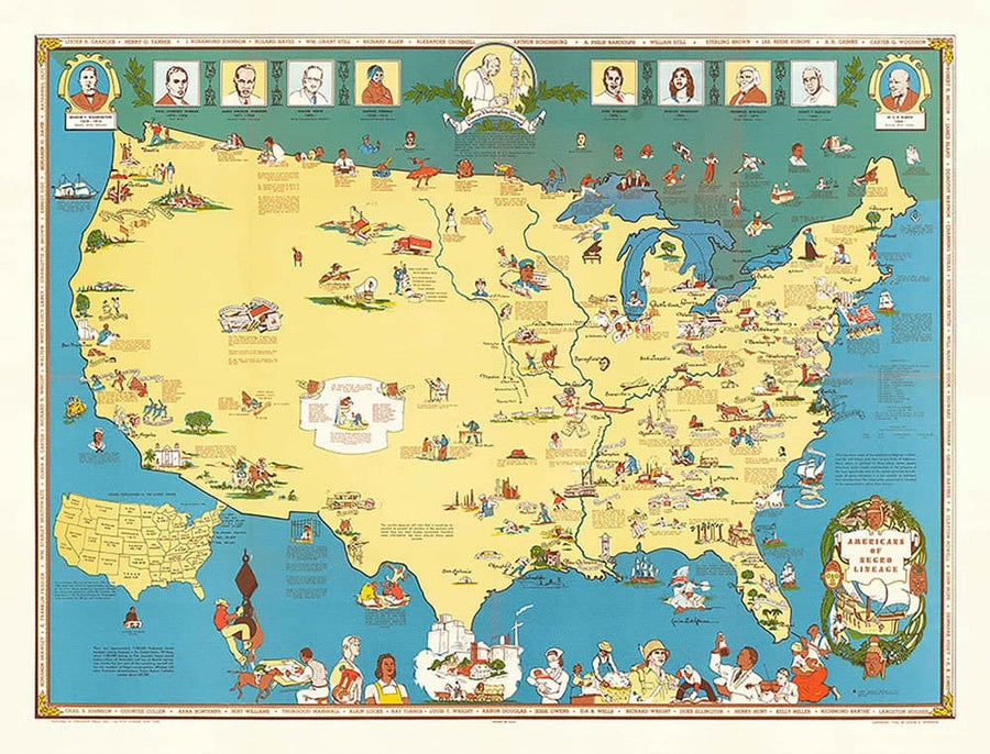 Mappa antica dei neri, Linea nera negli USA, 1946 - Famosi afroamericani - George Washington Carver, Booker T, Harriet Tubman 