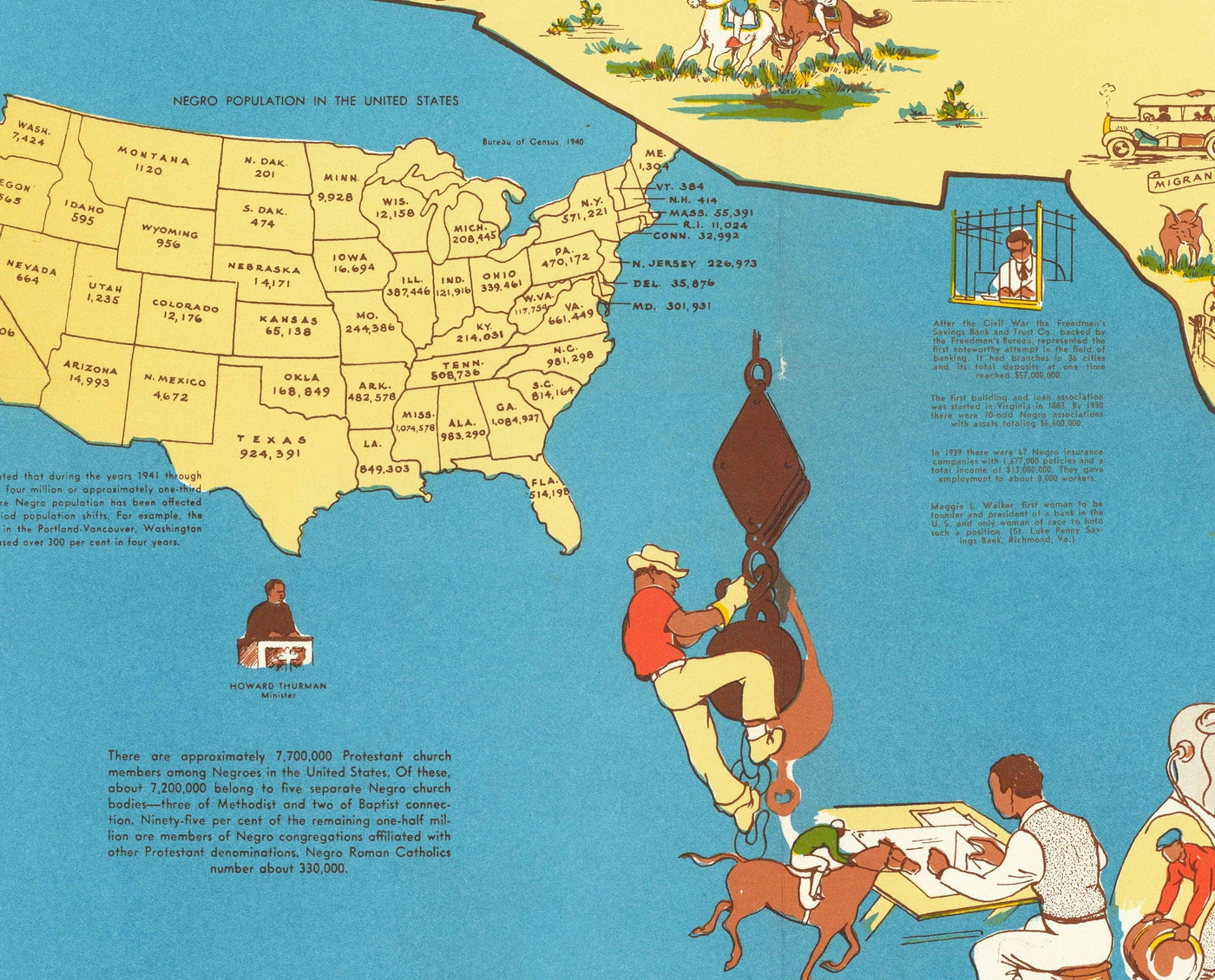 Ancienne carte des nègres, lignée noire aux États-Unis, 1946 - Afro-Américains célèbres - George Washington Carver, Booker T, Harriet Tubman