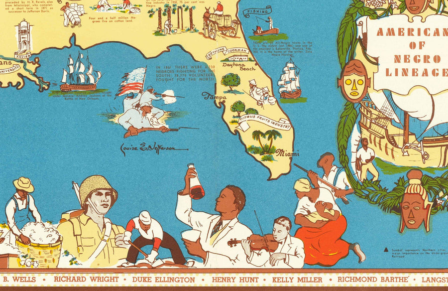 Mappa antica dei neri, Linea nera negli USA, 1946 - Famosi afroamericani - George Washington Carver, Booker T, Harriet Tubman 