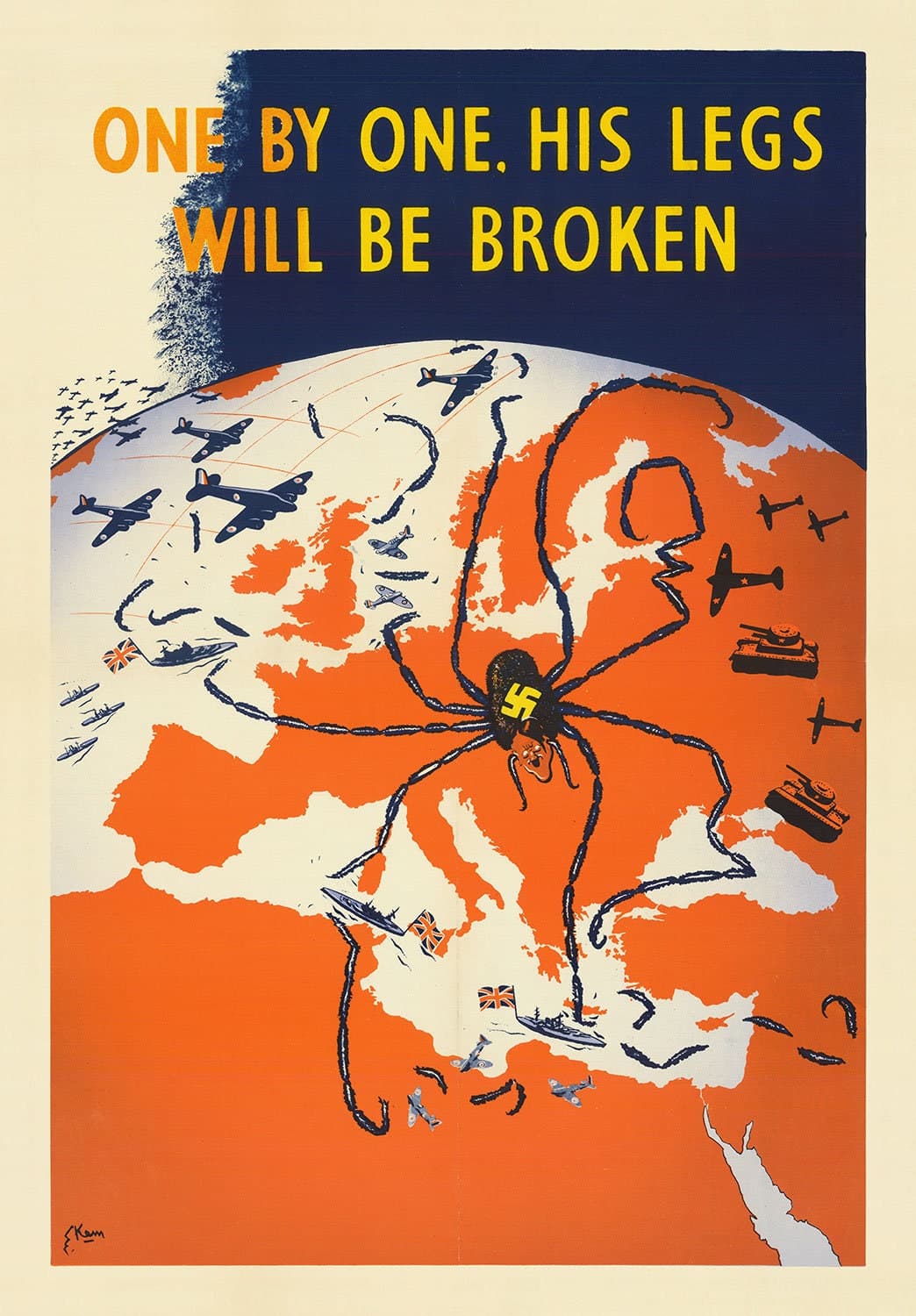 Spider Hitler, 1941 - Old WW2 Propaganda Map of Europe by Kem - Nazi vs. Allies & USSR - Western, Eastern Front