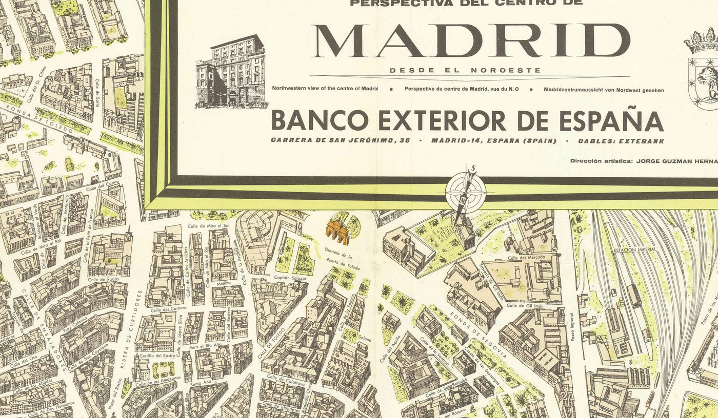 Alte Karte von Madrid, 1966 von Hernández - Königlicher Palast, Teatro Real, Museo Nacional, Plaza Mayor, El Retiro, Palacio de Cristal 