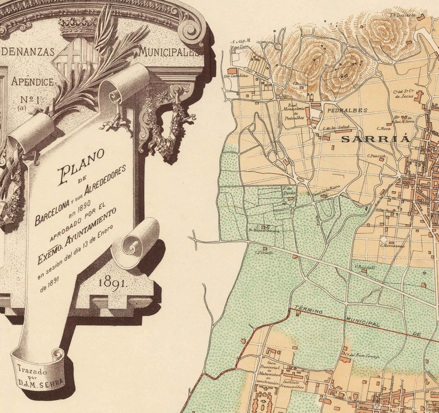 Mappa antica di Barcellona, 1891 di DJM Serra - Sagrada Famíli, Quartiere Gotico, Cattedrali, Parchi, Las Ramblas, Strade 