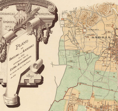 Plan ancien de Barcelone, 1891 par DJM Serra - Sagrada Família, Quartier Gothique, Cathédrales, Parcs, Las Ramblas, Rues