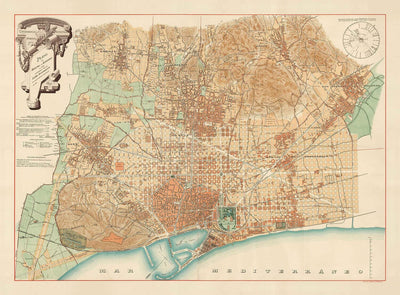 Plan ancien de Barcelone, 1891 par DJM Serra - Sagrada Família, Quartier Gothique, Cathédrales, Parcs, Las Ramblas, Rues