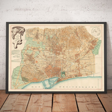 Mapa antiguo de Barcelona, 1891 por DJM Serra - Sagrada Família, Barrio Gótico, Catedrales, Parques, Las Ramblas, Calles