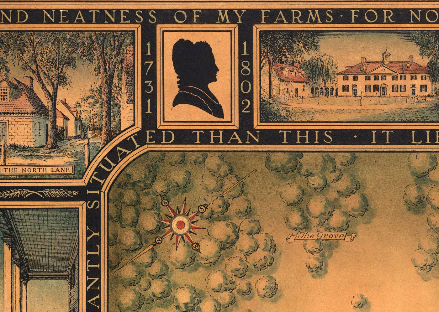 Plano antiguo de Mount Vernon, la casa de George Washington, 1932, por B. Ashburton Tripp - Jardines, casa, finca