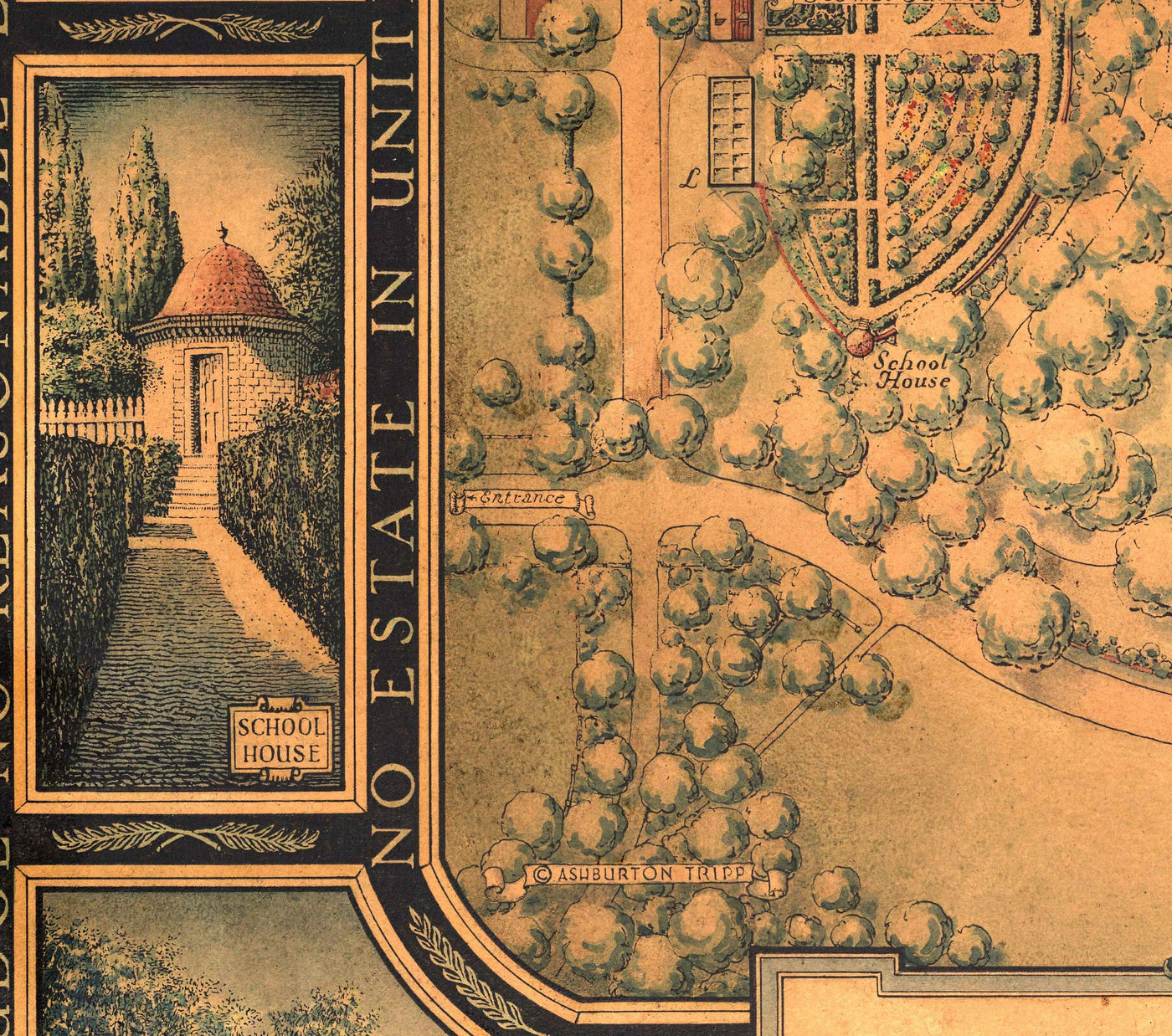 Plano antiguo de Mount Vernon, la casa de George Washington, 1932, por B. Ashburton Tripp - Jardines, casa, finca