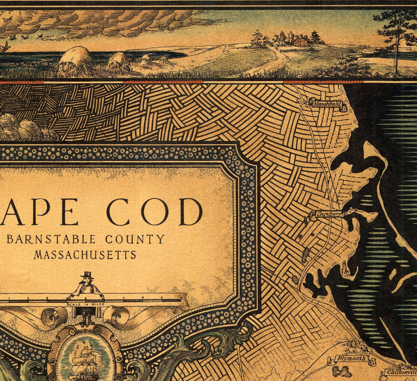 Mapa antiguo de Cape Cod, Mass. 1931 por Tripp - Martha's Vineyard, Barnstaple, Plymouth, New Bedford, Bourne, Falmouth, Yarmouth 