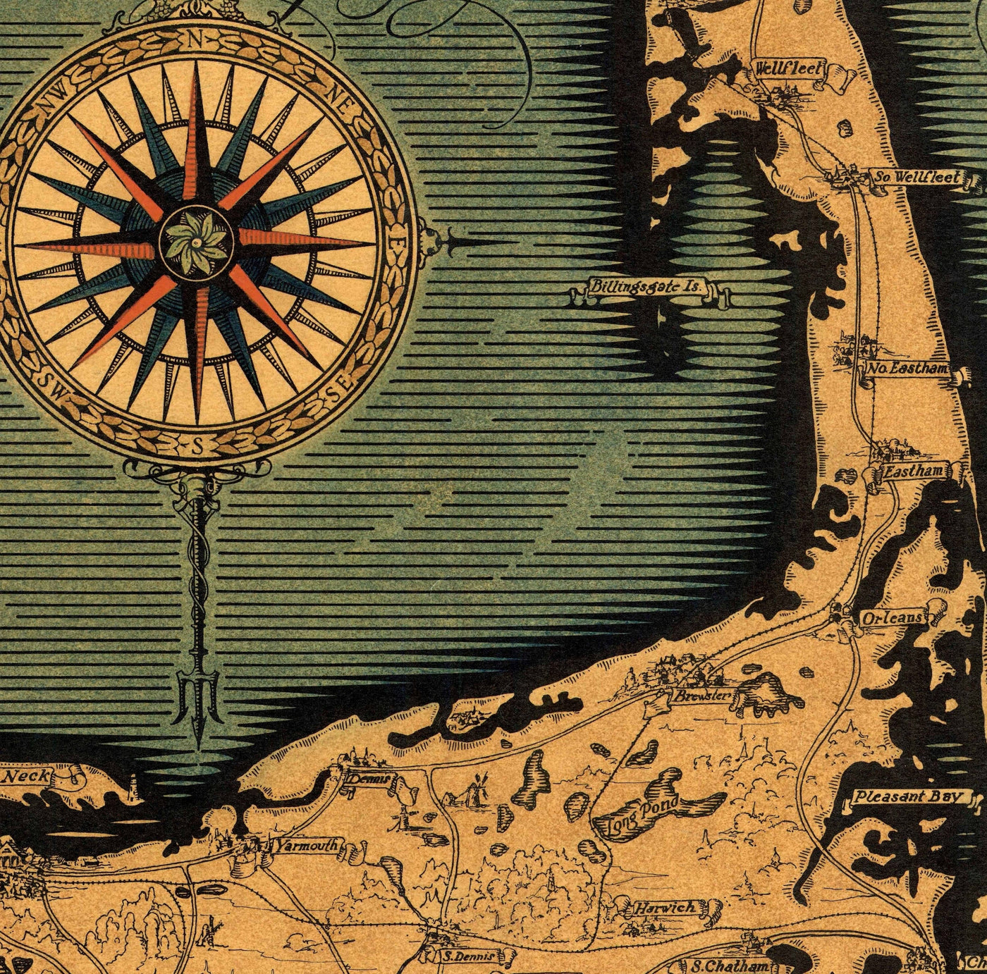 Mapa antiguo de Cape Cod, Mass. 1931 por Tripp - Martha's Vineyard, Barnstaple, Plymouth, New Bedford, Bourne, Falmouth, Yarmouth 