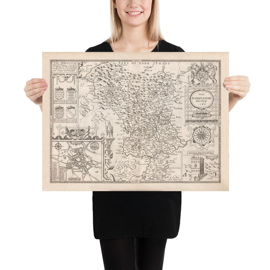 Old monochrome Carte of Derbyshire, 1611 par John Speed ​​- Derby, Chesterfield, Buxton, Peak District