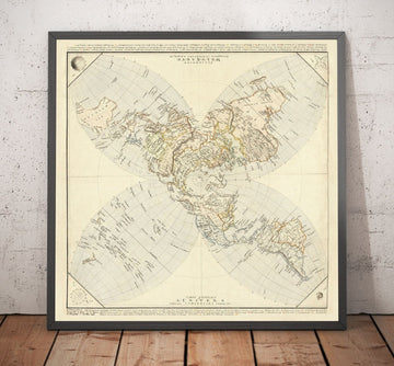 Mappa della Terra piatta antica, 1811 di JC Hinrichs - Mappa mondiale tedesca, francese - Interessante grafico dell&