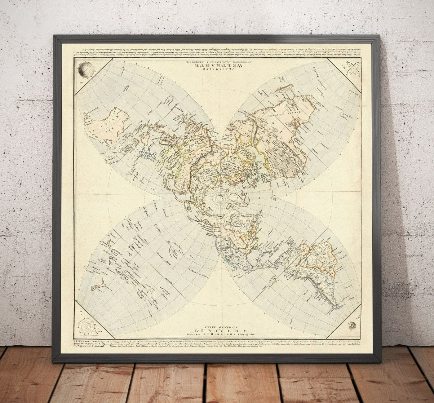 Old Flat Earth Map, 1811 by JC Hinrichs - German, French World Map - Interesting Colonial Atlas Chart