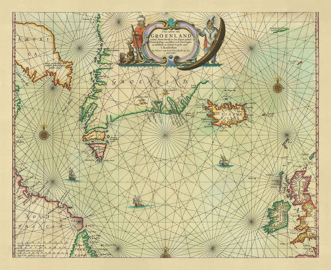 Mapa antiguo de Groenlandia, Islandia y el Mar del Norte, 1661 por van Loon - Carta de exploración vikinga