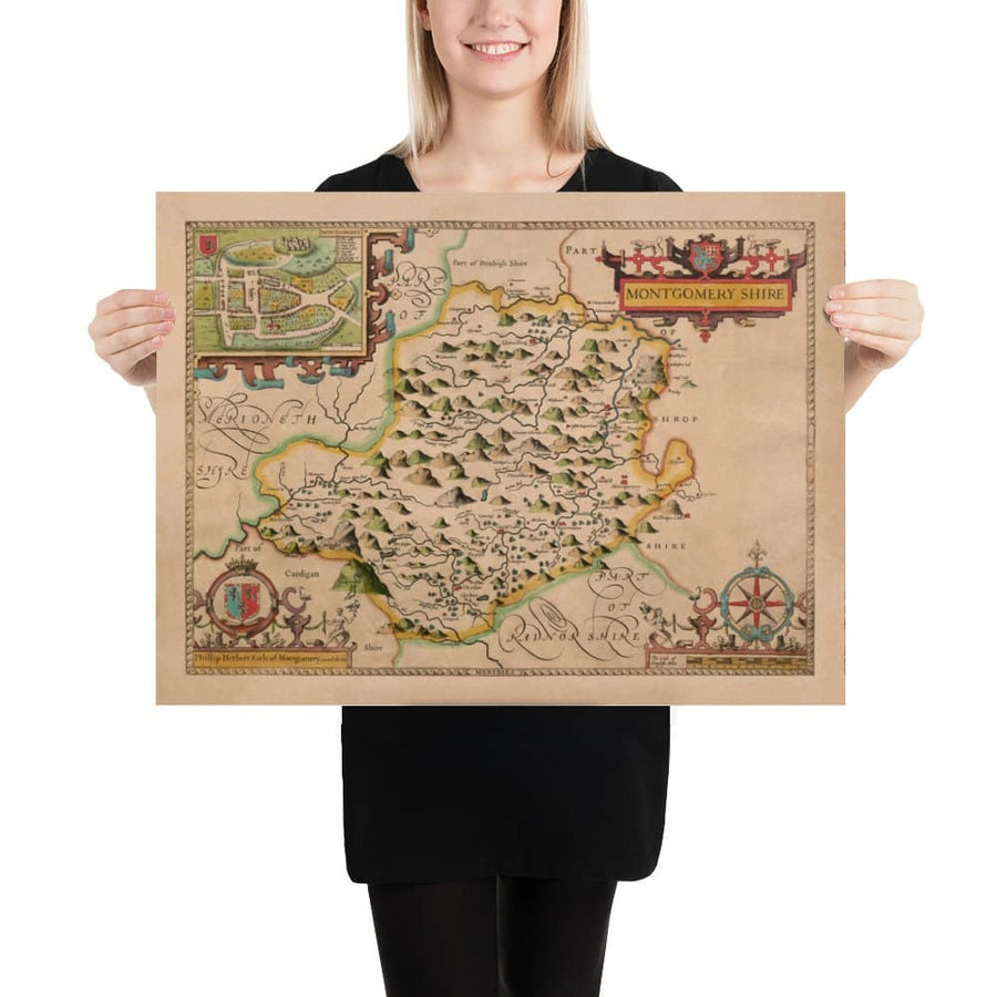 Ancienne carte du Montgomeryshire, Pays de Galles, 1611 par John Speed - Powys, Maldwyn, Montgomery, Newtown, Welshpool, Llanidloes