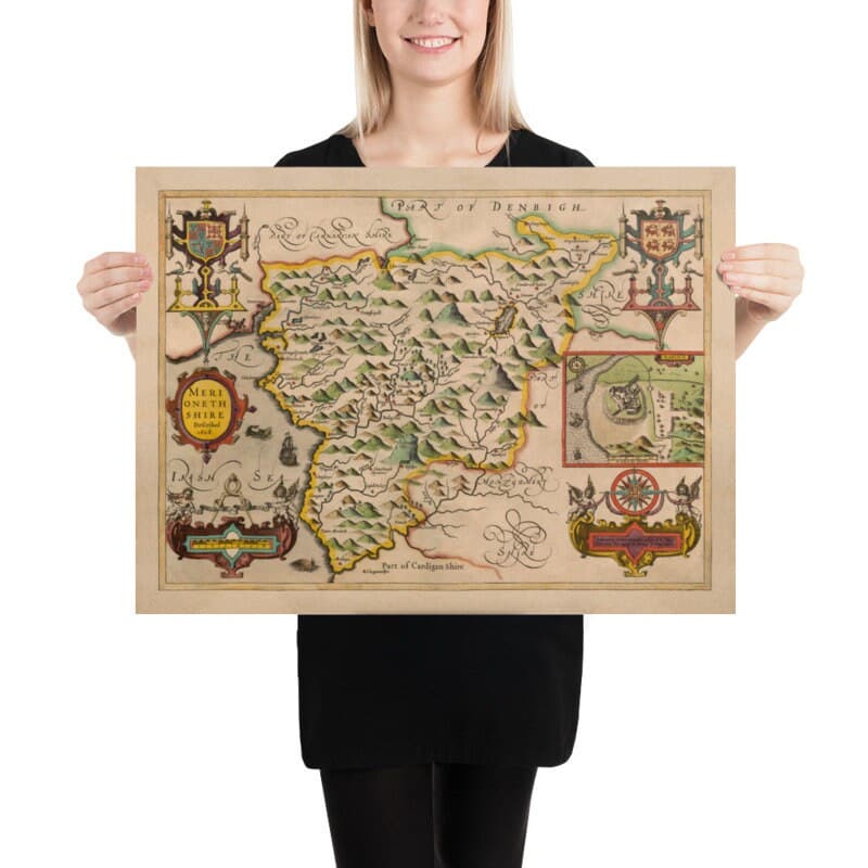 Ancienne carte du Merionethshire, Pays de Galles en 1611 par John Speed - Dolgellau, Aberdyfi, Bala, Barmouth, Harlech, Snowdonia